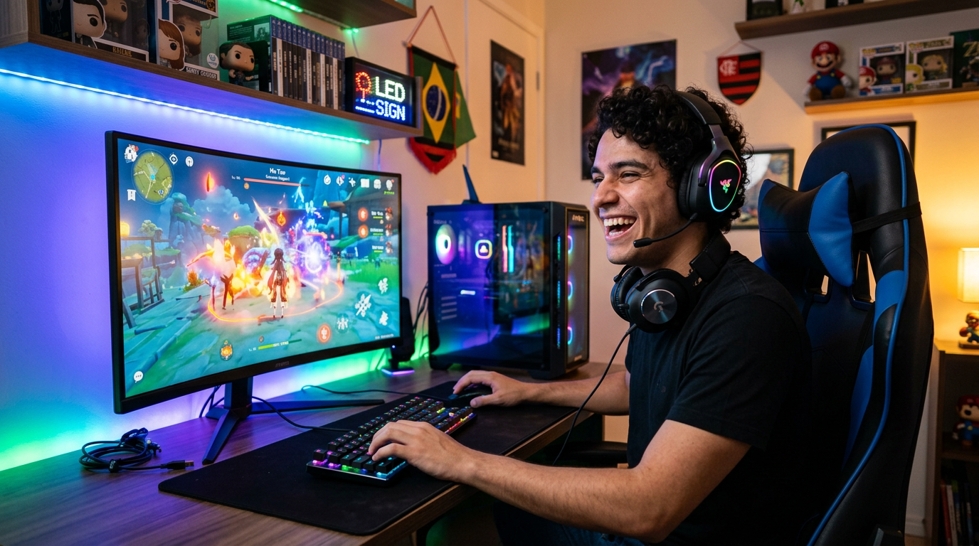 Gamer disfrutando videojuegos con setup completo
