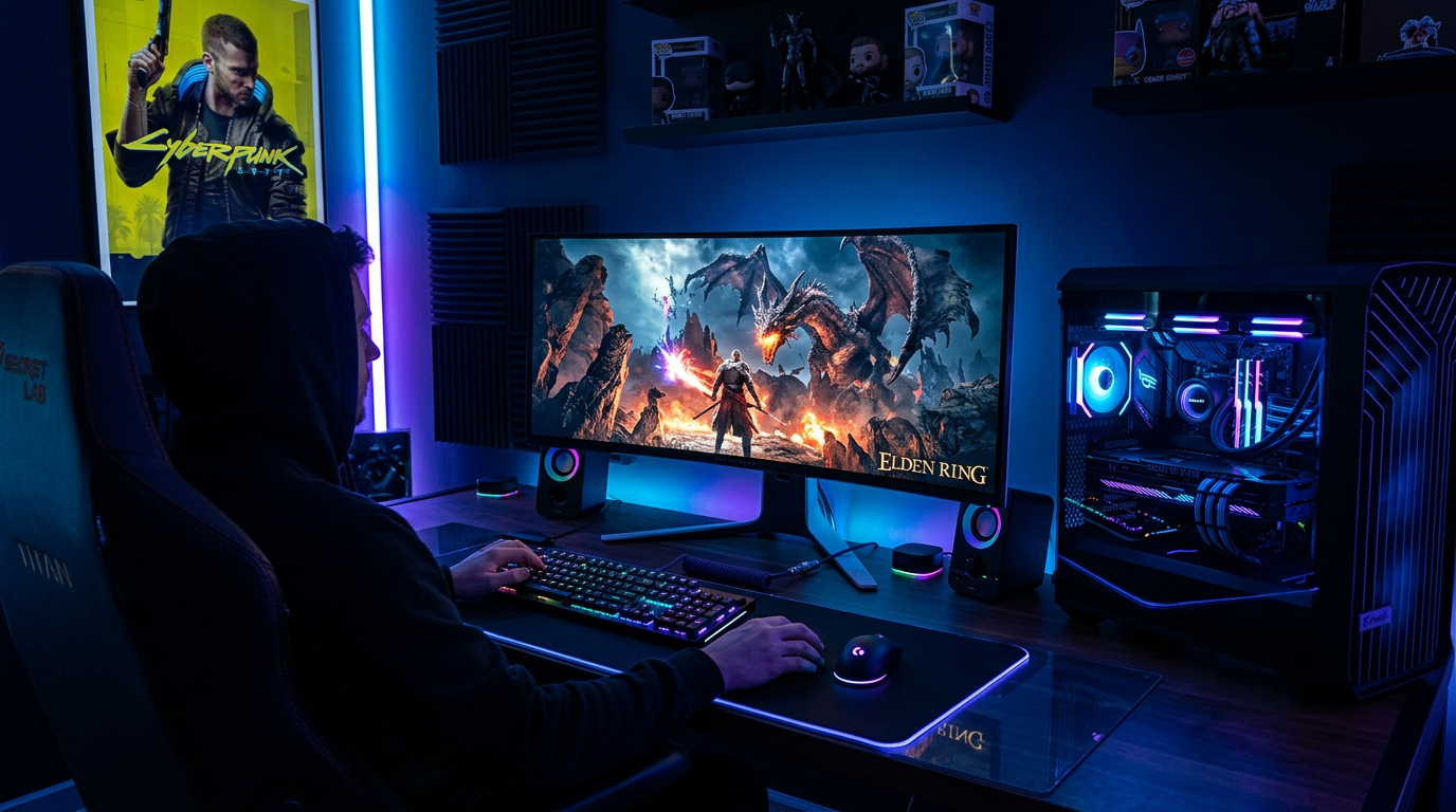 Setup juegos premium con monitor ultrawide y RGB