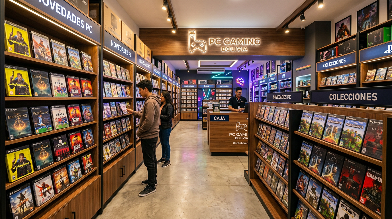 Interior de la tienda Qervali - tienda de videojuegos en Bolivia